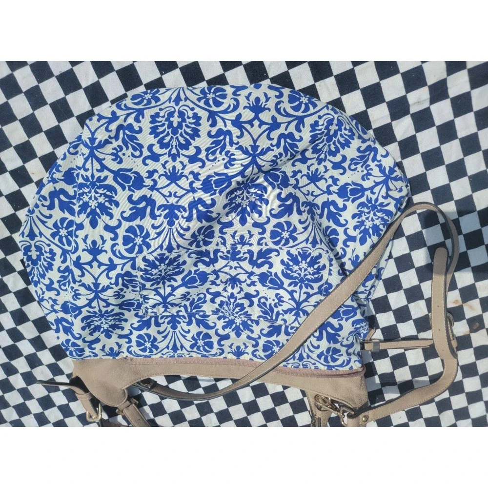 Urban Expressions Beige Woven Hobo Shoulder Bag‎ Blue Damask Back AS IS
